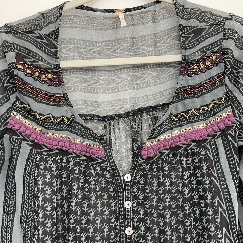 Free People Feather in the Wind Small Sheer Top Beaded Popover Pockets - Picture 2 of 8